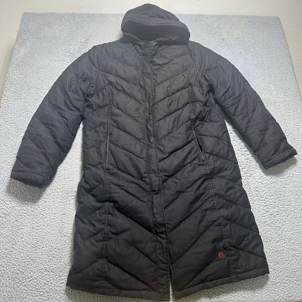 Kenneth Cole Reaction Womens XL Black Long Puffer Coat Hooded Chevron Quilted